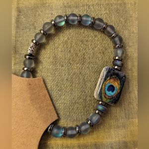 NEW - Hand Crafted Glass & Peacock Stone Bracelet - One of a Kind - 17cm